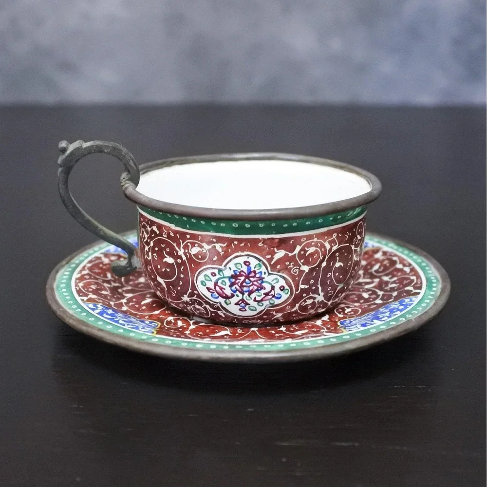 Antique Persian Minakari Enamel Floral Birds Tea & Coffee Cups Saucers Tray Set